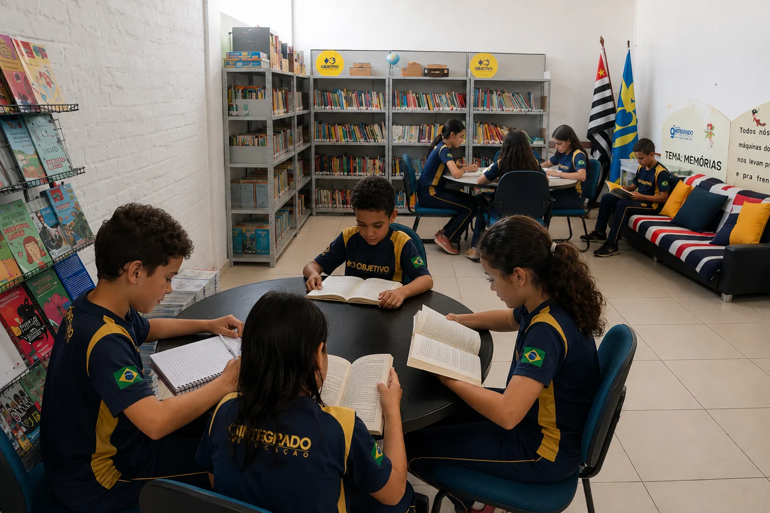 Biblioteca escolar moderna com alunos estudando
