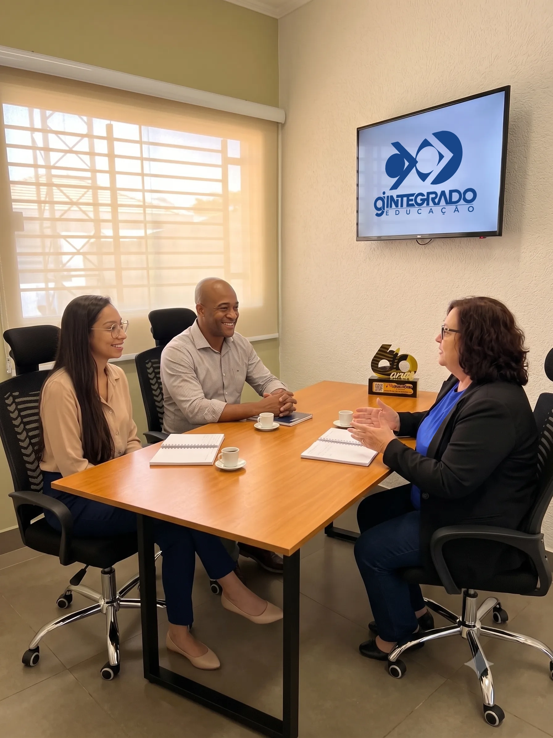 Família em reunião acolhedora com professora